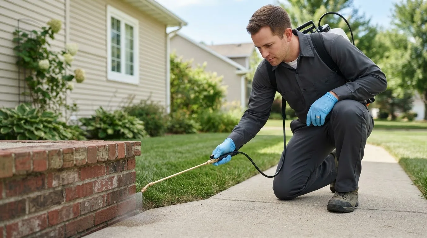 Pest control technician treating a home near Carrolltown, PA